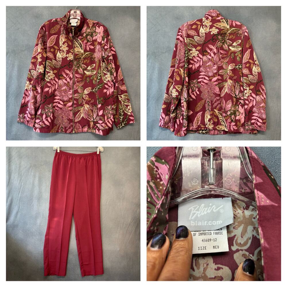 Blair Vintage Floral Windbreaker Jacket & Pants Set Medium Wine Track Workout